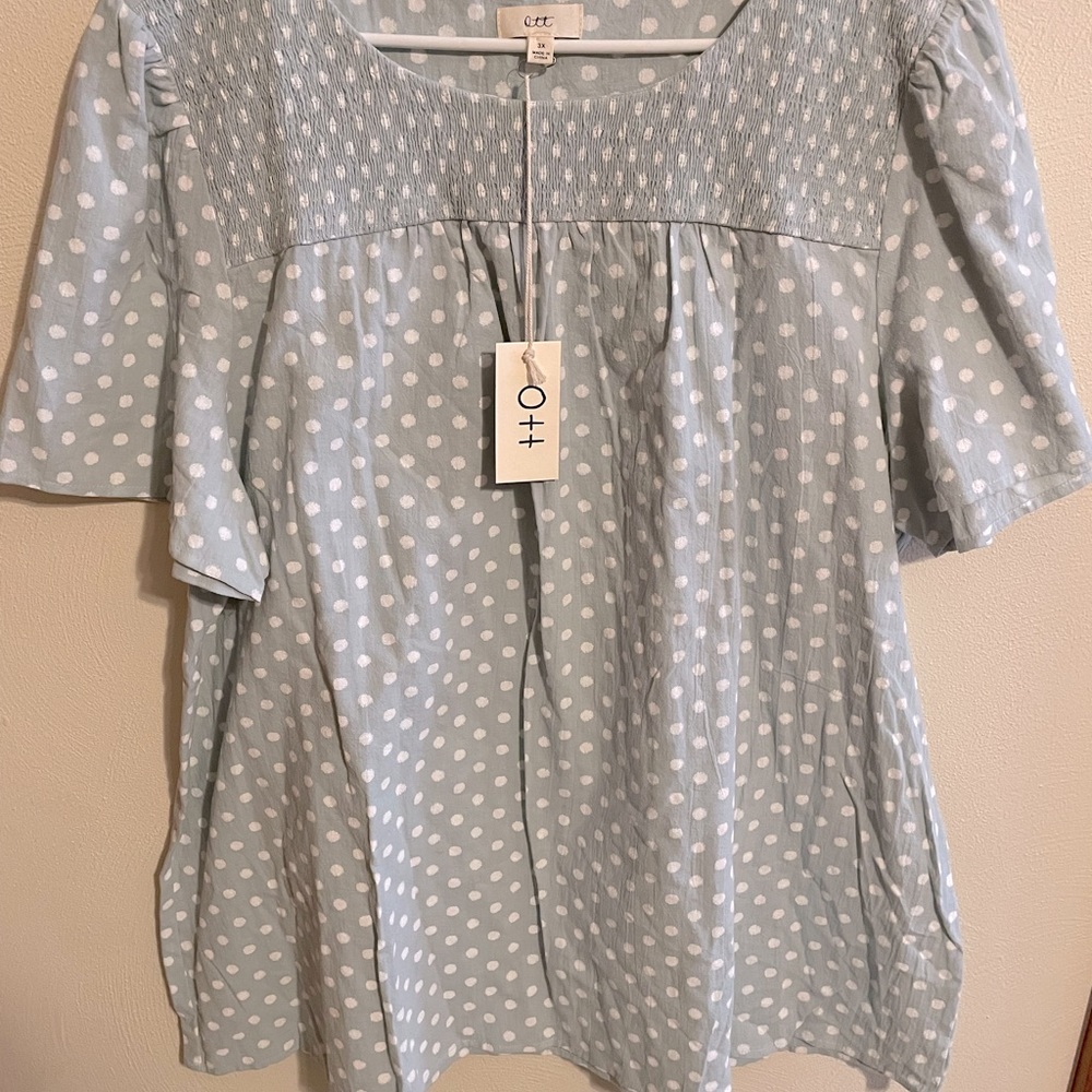 OTT 3X sage green Polk a dot short sleeved blouse